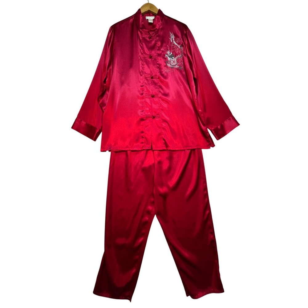 Vintage Inner Most Womens Satin Button Up Pants Pajama Set Size L Red Sleepwear